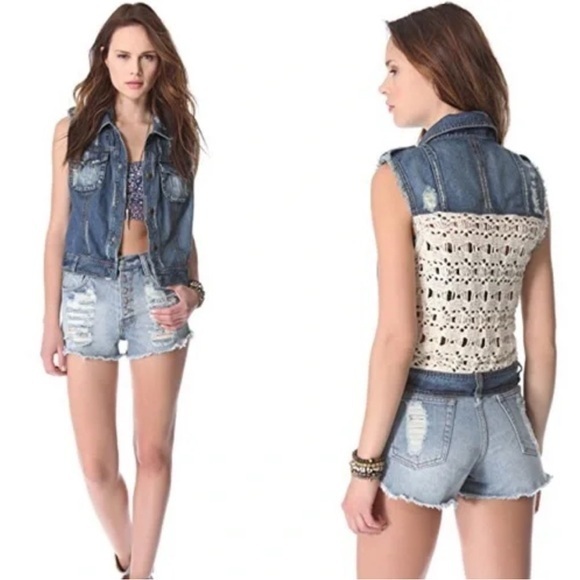 Free People Tops - Free People Distressed Denim Crochet Vest size small